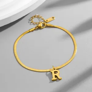 Gold snake chain initial R letter bracelet, stylish minimalist titanium steel jewelry for women.