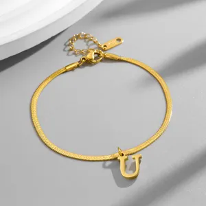 Gold tone letter U herringbone chain bracelet, chic titanium steel jewelry for women daily wear.