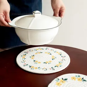 Detailed shot of woven insulation placemat with yellow floral pattern, showing fine texture.