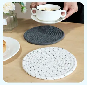 Woven cotton placemat round heat insulation pad for home dining table cup bowl mat detail view