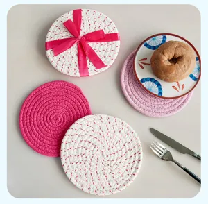 Round braided cotton rope placemats and coasters set, heat resistant for kitchen dining table.