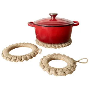 Salvamanteles de yute trenzado a mano, esterilla de mesa redonda de cáñamo, resistente al calor.