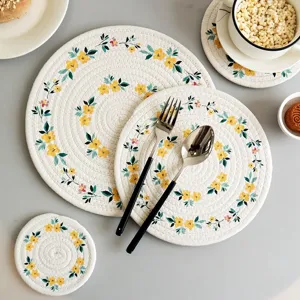 Nordic Style Cotton Braided Insulation Pad Floral Print Heat Resistant Placemat Coaster Dining Table Mat For Kitchen Home