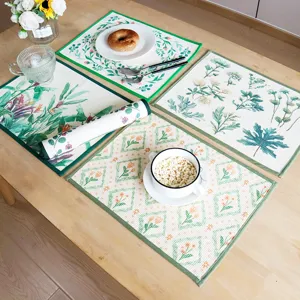 Mantel individual de tela gruesa con estampado botánico floral fresco, aislamiento térmico.