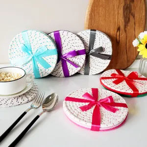 Handmade Cotton Woven Round Placemat Heat Insulation Pad Cup Mat With Ribbon Bowknot Home Dining Decor