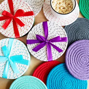 Cotton rope braided round coaster heat insulation mat set, kitchen table placemat for cups.
