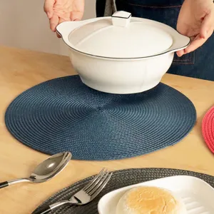 Round PP placemat for dining table, braided heat-resistant kitchen table mat, blue table pad.