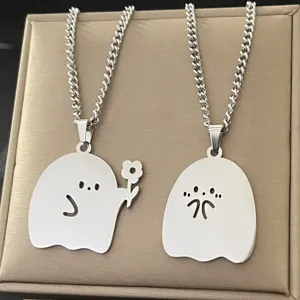 Stainless Steel Cartoon Ghost Flower Feather Spade Pendant Necklace Couple Trendy Fashion Jewelry Gift