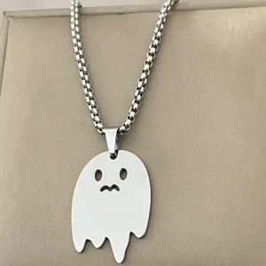 Close-up of a cute ghost pendant necklace with box chain, ideal for daily wear or gifting.