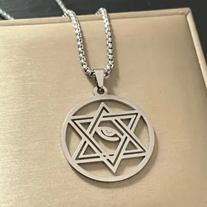 Silver stainless steel necklace with geometric star and mystic eye pendant for women.