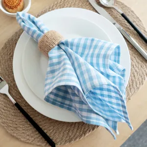 Close-up detail of blue and white checkered cotton napkin in white ceramic dinner plate.