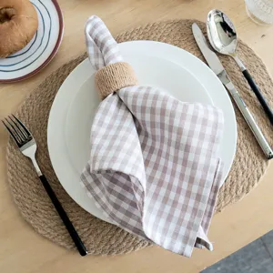American style checkered cloth napkin with hemp rope ring, cotton yarn-dyed fabric kitchen towel.