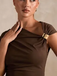 Asymmetric brown one-shoulder ruched crop top with stylish metal hardware detail.