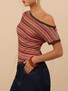 Detailed view of the retro colorful striped one-shoulder knit top showing slim fit style.