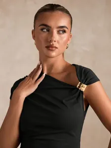 Women black asymmetrical one-shoulder crop top with chic metal buckle and elegant gathered detail.