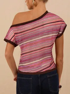 Retro colorful striped knit off-shoulder top detail view showcasing elegant slim fit style for women.