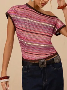 Retro colorful striped one-shoulder knit top for women, elegant slim fit short sleeve tee.