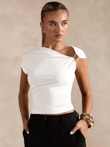 White asymmetric one-shoulder cropped T-shirt detail, featuring a chic metallic buckle accent.