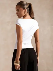 Elegant asymmetric off-shoulder slim fit solid color top, modern stylish apparel choice.