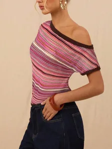 Detailed view of women's colorful striped one-shoulder knit top, slim fit style showcase.