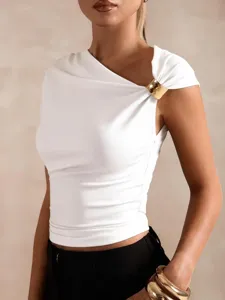 Stylish white asymmetric shoulder crop top with chic gold metal ring detail for women.
