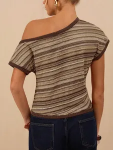 Women's retro colorful yarn-dyed one-shoulder slim knit top showing unique elegant style.
