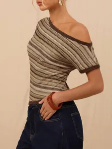 Detailed view of the retro colorful striped one-shoulder slim fit top, stylish and elegant.