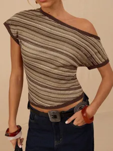 Retro elegant colorful striped slim fit off shoulder knit top for women chic style detail view