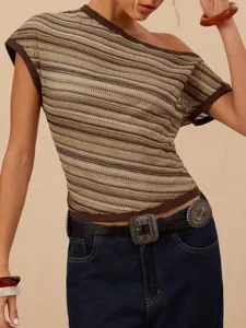 Retro striped off-shoulder knit top for women, chic short sleeve slim fit casual sweater.