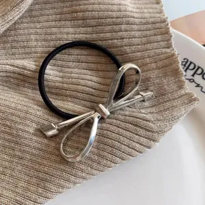 Elastico per capelli con fiocco argento, supporto chic per coda di cavallo da donna tutti i giorni.