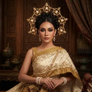 Baroque gothic halo crown headpiece detail view, featuring ornate gold sunburst design with pearls.