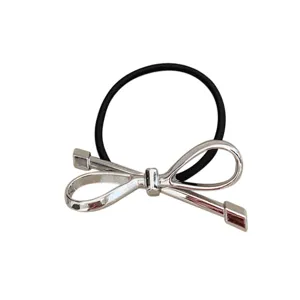 Elastico per capelli con fiocco argento da donna, supporto per coda di cavallo elegante.