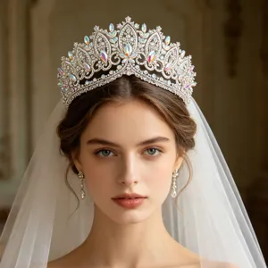 Europäische barocke Kristall Braut Krone Diadem mit Schleier, luxuriöser Hochzeit Haarschmuck.