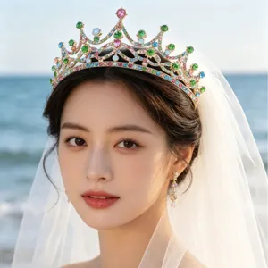 Exquisite bridal tiara crown with colorful rhinestones, perfect for wedding and party.