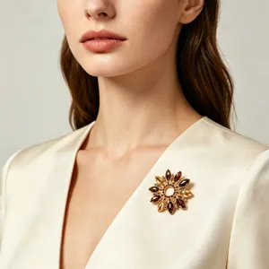 Gros plan détail de la broche fleur cristal vintage ton or avec des strass ambre.