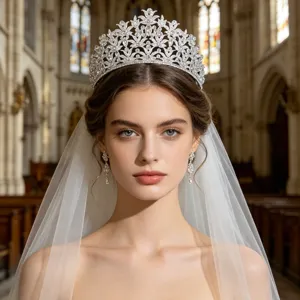 Detailed close-up of a sparkling bridal crystal tiara crown with earrings and veil.