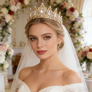 Exquisites Braut Strass Krone Detailbild, Luxus Gold Legierung Tiara für Hochzeitsabendkleid.