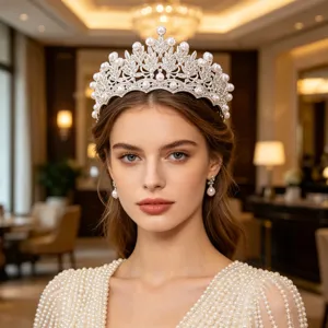 Corona de Novia de Aleación con Perlas Artificiales de Lujo Vintage Tiara de boda con strass Oro Plata Tocado para Fiesta Mujer Joyería para el Cabello