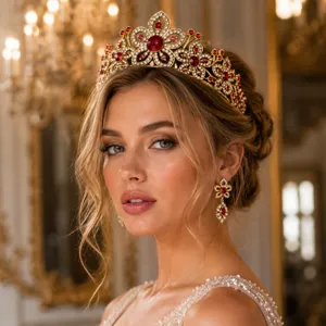 Bruid koningin kroon tiara en oorbellen set gouden legering rode strass haaraccessoires