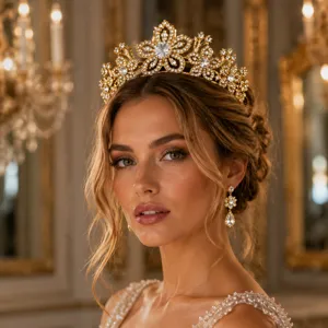 Luxe gouden bruids tiara en oorbellen set, sprankelend kristal bloemendesign voor feest.