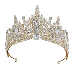 Tiara da sposa in cristallo dorato corona accessorio per capelli da sposa design a foglia.