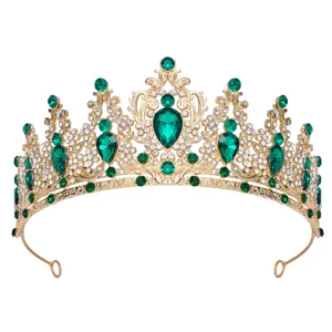 Elegantes goldenes Strass-Diadem mit grünen Tropfenkristallen für Braut Hochzeit Abendfeier.