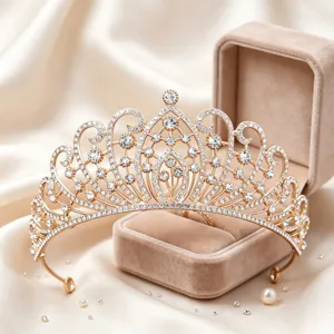 Close-up of exquisite gold rhinestone tiara on velvet box and satin, bridal hair accessory detail.