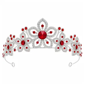 Bruid rode kristal tiara bloem kroon bruiloft haaraccessoires zilver legering koningin hoofdtoo