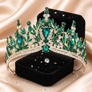 Stupenda tiara con corona da sposa in cristallo verde dorato per matrimoni, accessori per capelli.