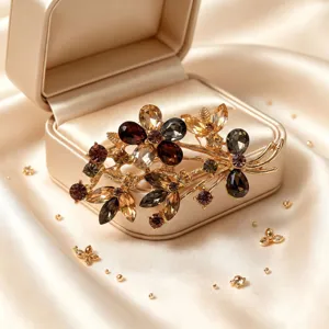Gros plan sur les détails de la magnifique broche fleur cristal vintage et ses strass.
