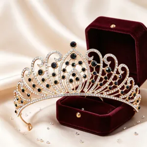 Gold tiara crown with black and clear rhinestones for wedding bridal hair accessories.