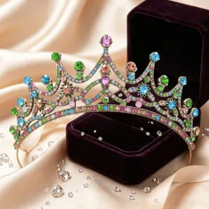 Vintage multi-color rhinestone crown detail, elegant wedding bridal tiara accessory.
