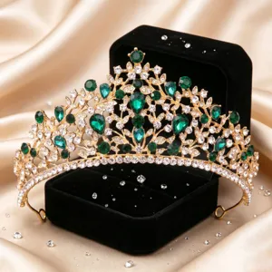 Exquisite baroque green rhinestone bridal tiara, detailed gold metal crown for wedding hair accessory.