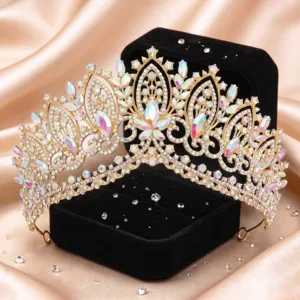 Barocke goldene Kristall Tiara Braut Krone Hochzeit Haarschmuck mit Strasssteinen